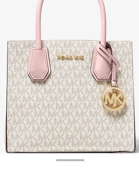 Michael Kors Cream Logo Crossbody Bag with Pink Leather Trim and Gold Hardware